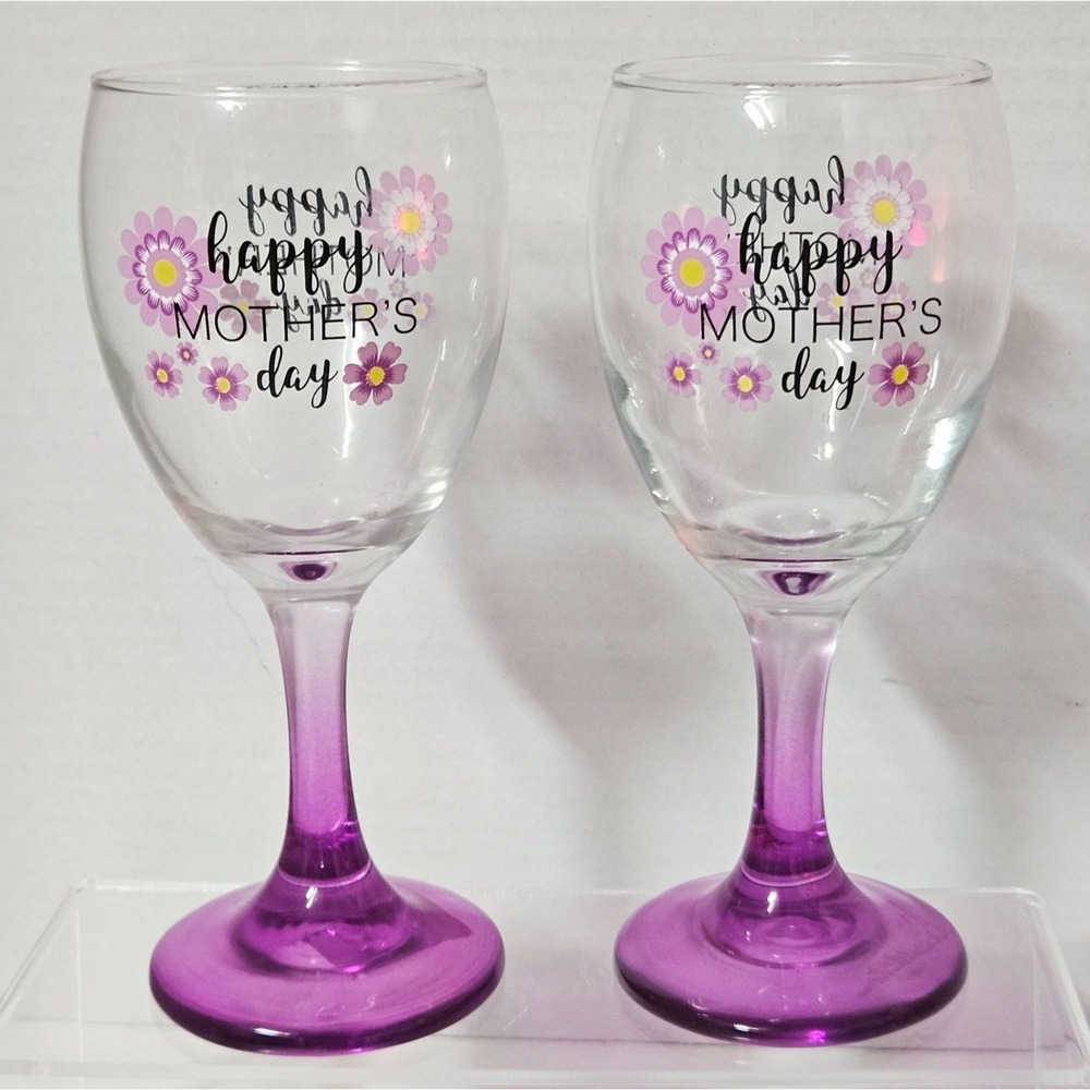 Cristar Happy Mother's Day Wine Glasses Set of 2 Purple Stem Floral 10 oz